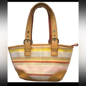 Coach Vintage Handbag Tropical Striped Fabric Leather Accent Hobo Purse